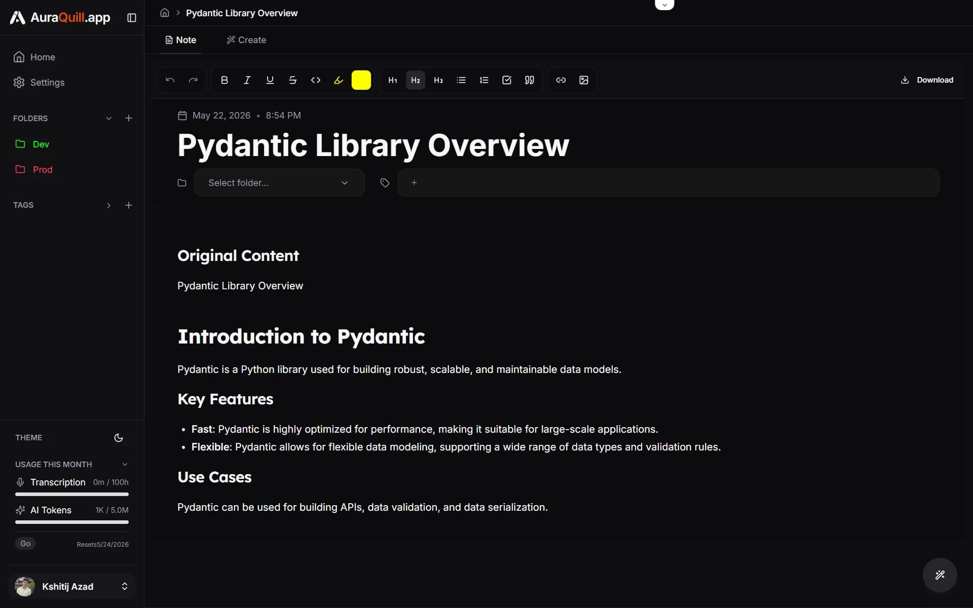AuraQuill generated note view