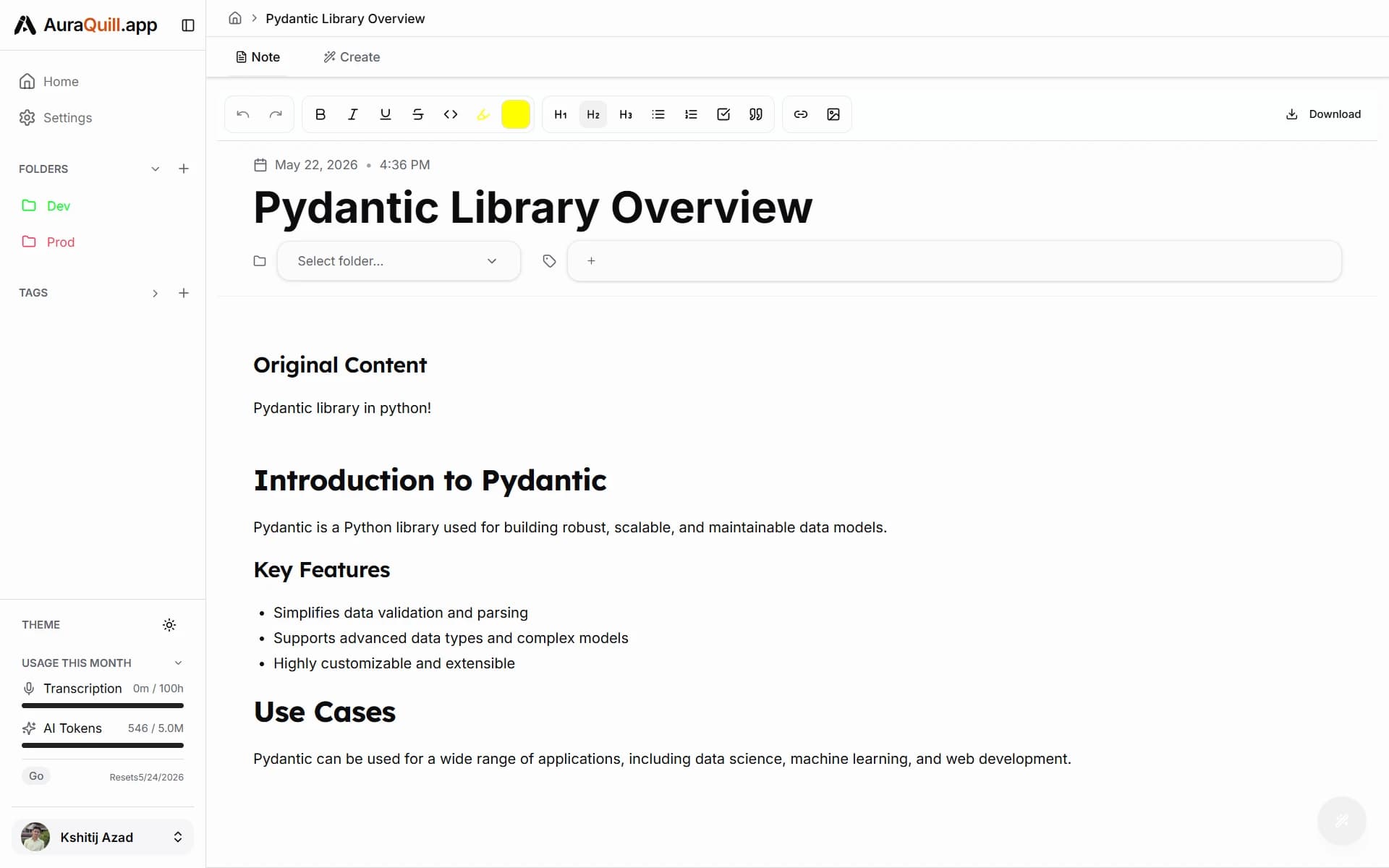 AuraQuill generated note view
