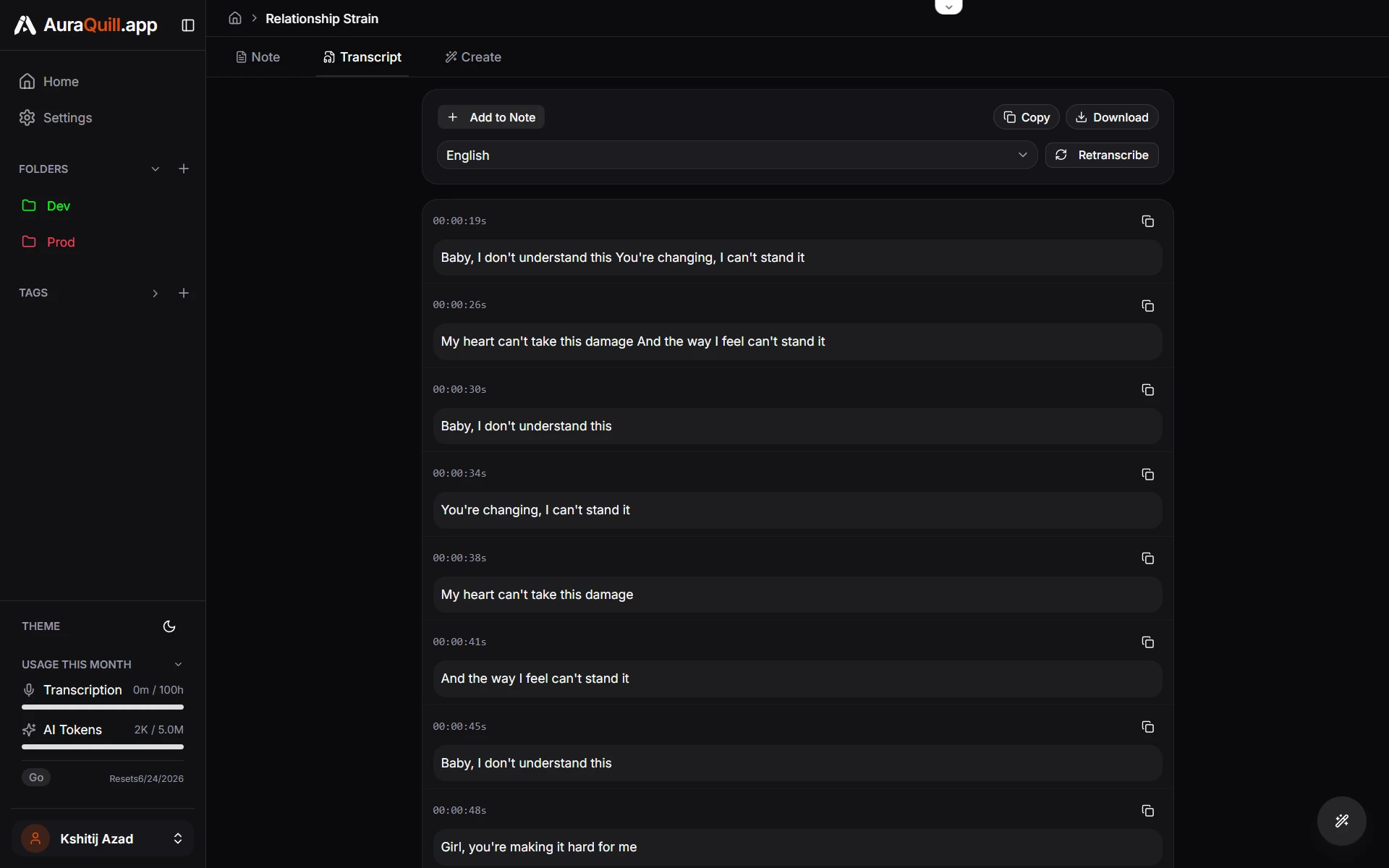 AuraQuill transcript view